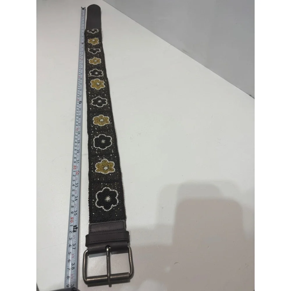 VTG India Beaded Floral Leather Belt Womens Medium Brown Gold Boho Wide Waist